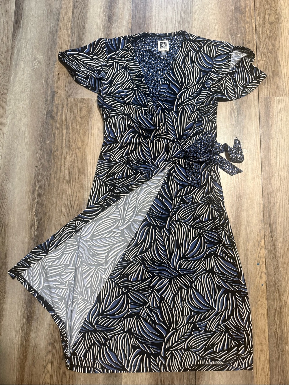 Anne Klein Navy and White Leaf-Print Wrap Midi Dress